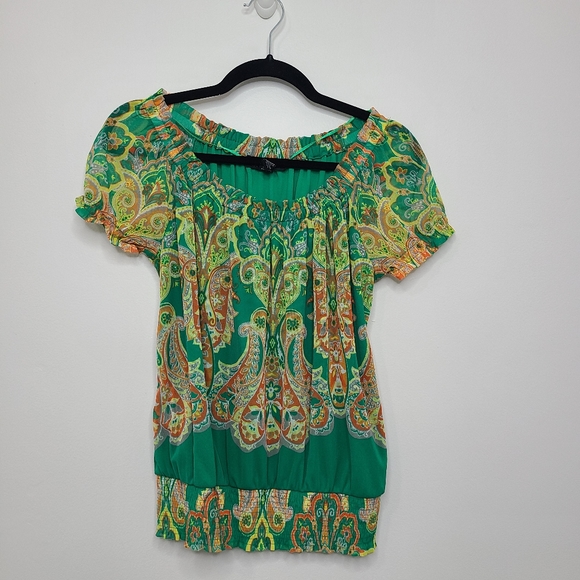 INC International Concepts Tops - INC Top Blouse Short Sleeve Scoop Neck Smocked Green Ruffled Size Medium …